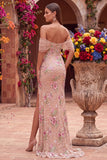 Blush Sheath Off the Shouder Corset, lentejuelas, vestido largo de graduación con abertura