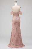 Blush Sheath Off the Shouder Corset, lentejuelas, vestido largo de graduación con abertura