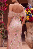 Blush Sheath Off the Shouder Corset, lentejuelas, vestido largo de graduación con abertura