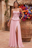 Corsé rosa de lentejuelas florales con lentejuelas, plisado y tirantes y abertura lateral