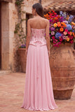 Corsé rosa de lentejuelas florales con lentejuelas, plisado y tirantes y abertura lateral