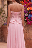 Corsé rosa de lentejuelas florales con lentejuelas, plisado y tirantes y abertura lateral