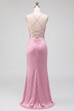 Vestido de graduación con perlas de sirena rosas, tirantes finos con contas y encaje en la espalda con abertura