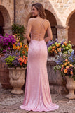 Vestido de graduación con perlas de sirena rosas, tirantes finos con contas y encaje en la espalda con abertura