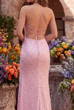 Vestido de graduación con perlas de sirena rosas, tirantes finos con contas y encaje en la espalda con abertura