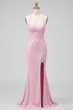 Corsé rosa con halter, perlas sirena de satén con cuentas y vestido largo de graduación sin espalda con abertura