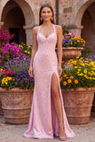Corsé rosa con halter, perlas sirena de satén con cuentas y vestido largo de graduación sin espalda con abertura
