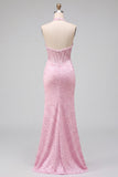 Corsé rosa con halter, perlas sirena de satén con cuentas y vestido largo de graduación sin espalda con abertura