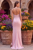 Corsé rosa con halter, perlas sirena de satén con cuentas y vestido largo de graduación sin espalda con abertura