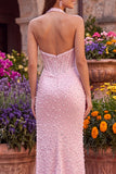 Corsé rosa con halter, perlas sirena de satén con cuentas y vestido largo de graduación sin espalda con abertura