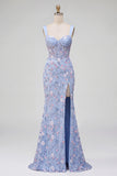 Corsé azul transparente bordado sirena de satén Vestido largo floral con abertura