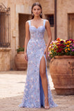 Corsé azul transparente bordado sirena de satén Vestido largo floral con abertura