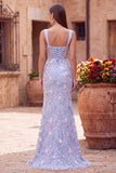 Corsé azul transparente bordado sirena de satén Vestido largo floral con abertura