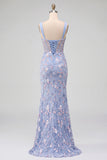 Corsé azul transparente bordado sirena de satén Vestido largo floral con abertura