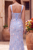 Corsé azul transparente bordado sirena de satén Vestido largo floral con abertura