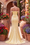 Vestido de baile de graduación con capucha de perlas amarillas de satén sirena amarilla y perlas con cuentas y abertura