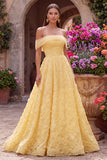 Vestido de graduación amarillo de tul de perlas con bordado floral sin tirantes línea A y línea descubierto