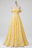Vestido de graduación amarillo de tul de perlas con bordado floral sin tirantes línea A y línea descubierto