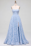 Vestido largo de graduación azul con tirantes sin tirantes florales con cuentas y abertura