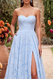 Vestido largo de graduación azul con tirantes sin tirantes florales con cuentas y abertura