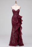 Vestido largo sin tirantes Sirena con lentejuelas burdeos y abertura con volantes