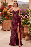 Vestido largo sin tirantes Sirena con lentejuelas burdeos y abertura con volantes