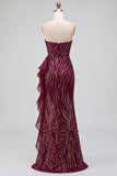 Vestido largo sin tirantes Sirena con lentejuelas burdeos y abertura con volantes