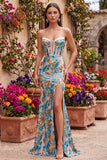 Corsé floral azul con corsé sirena sin tirantes y vestido largo de graduación con abertura