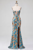 Corsé floral azul con corsé sirena sin tirantes y vestido largo de graduación con abertura