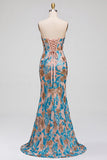 Corsé floral azul con corsé sirena sin tirantes y vestido largo de graduación con abertura