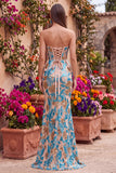 Corsé floral azul con corsé sirena sin tirantes y vestido largo de graduación con abertura