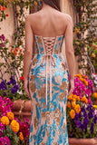 Corsé floral azul con corsé sirena sin tirantes y vestido largo de graduación con abertura
