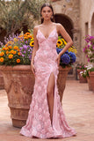 Vestido de graduación largo de tirantes finos con tirantes rosas sirena y florales 3D