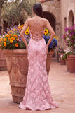 Vestido de graduación largo de tirantes finos con tirantes rosas sirena y florales 3D