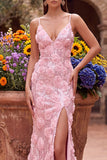 Vestido de graduación largo de tirantes finos con tirantes rosas sirena y florales 3D