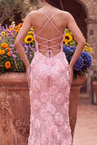 Vestido de graduación largo de tirantes finos con tirantes rosas sirena y florales 3D
