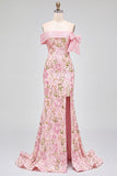 Vestido de baile rosa bordado con bordado de sirena al hombro y abertura lateral