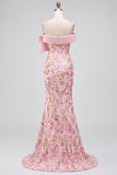 Vestido de baile rosa bordado con bordado de sirena al hombro y abertura lateral