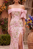 Vestido de baile rosa bordado con bordado de sirena al hombro y abertura lateral