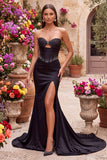 Vestido largo tirante tirantes con corsé y cuentas con corte de sirena negro de satén y abertura lateral