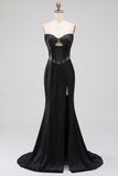 Vestido largo tirante tirantes con corsé y cuentas con corte de sirena negro de satén y abertura lateral