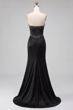 Vestido largo tirante tirantes con corsé y cuentas con corte de sirena negro de satén y abertura lateral