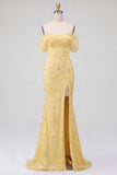 Vestido de baile de fin de curso de sirena amarillo con lentejuelas descubiertos y abertura