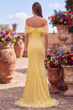 Vestido de baile de fin de curso de sirena amarillo con lentejuelas descubiertos y abertura