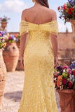Vestido de baile de fin de curso de sirena amarillo con lentejuelas descubiertos y abertura