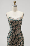 Vestido largo de concurso sin tirantes con cuentas y sin tirantes con lentejuelas de sirena verde oscuro y drapeado de tul desmontable