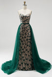 Vestido largo de concurso sin tirantes con cuentas y sin tirantes con lentejuelas de sirena verde oscuro y drapeado de tul desmontable