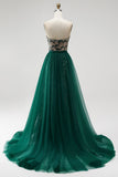 Vestido largo de concurso sin tirantes con cuentas y sin tirantes con lentejuelas de sirena verde oscuro y drapeado de tul desmontable