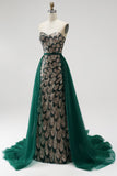 Vestido largo de concurso sin tirantes con cuentas y sin tirantes con lentejuelas de sirena verde oscuro y drapeado de tul desmontable