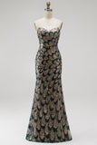 Vestido largo de concurso sin tirantes con cuentas y sin tirantes con lentejuelas de sirena verde oscuro y drapeado de tul desmontable
